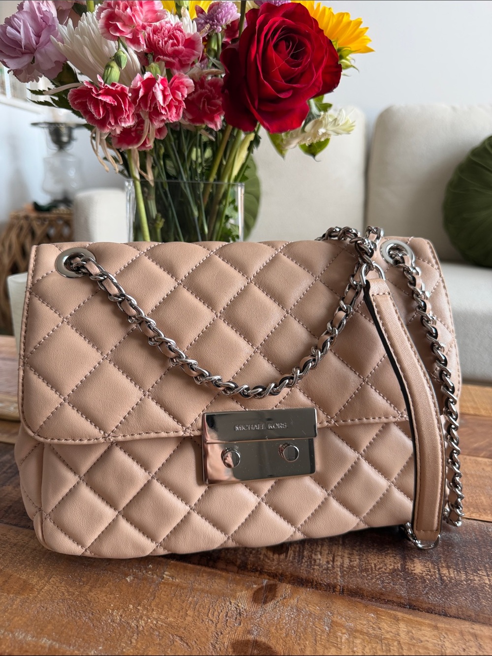 Michael Kors Quilted Leather Shoulder Bag in Nude Blush with Silver Chain